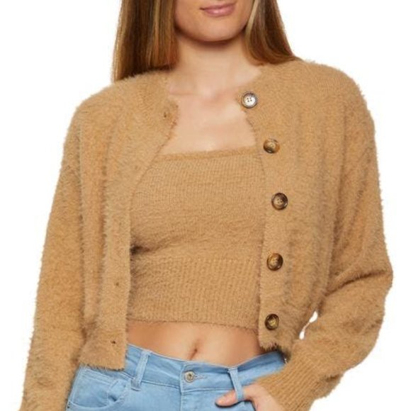 Eyelash Knit Cropped Cami and Cardigan Set - Picture 4 of 6